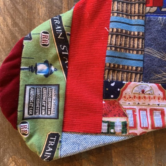 Christmas Stocking Quilted Patchwork Fabric Train Travel NEW 15” Handmade - Picture 3 of 5
